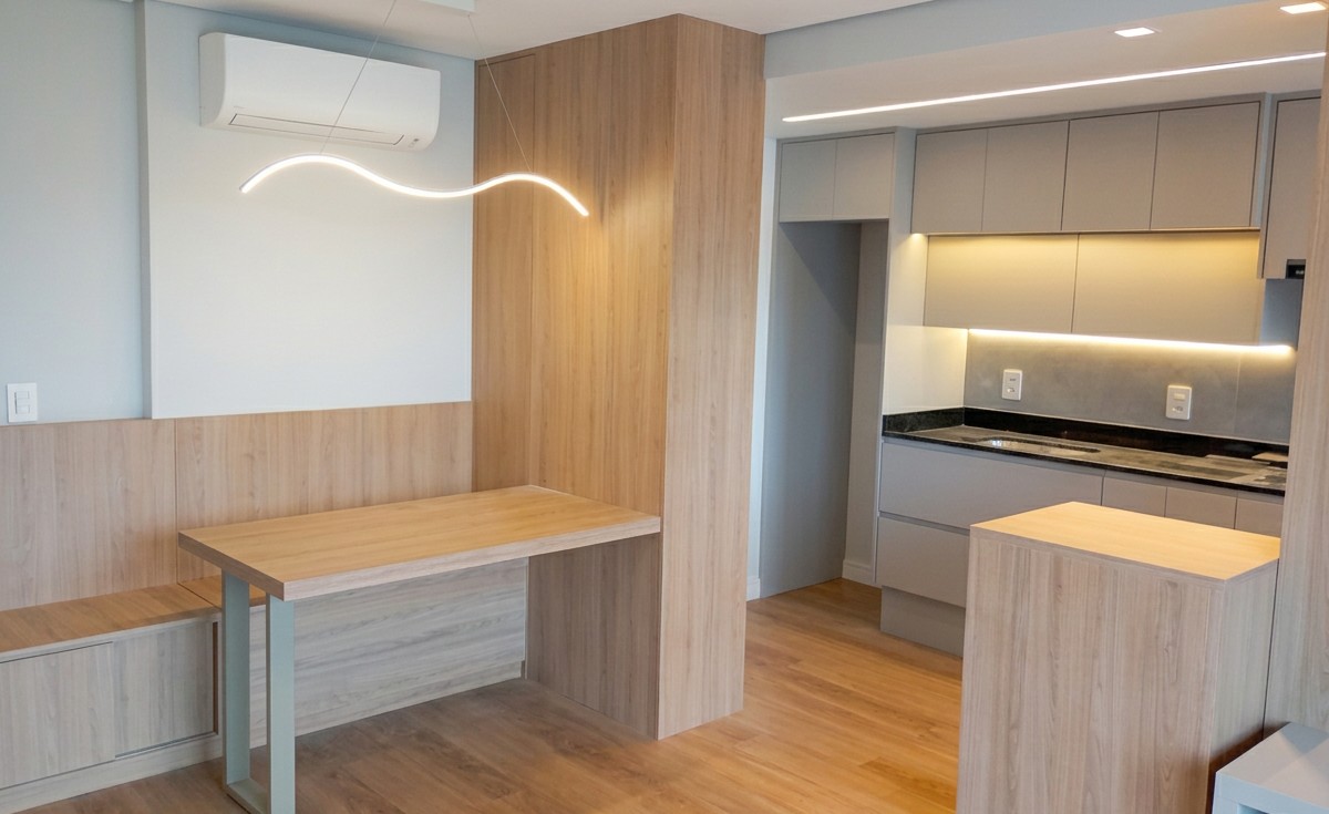 Home office planejado pela Amaro com painel em madeira e iluminação integrada